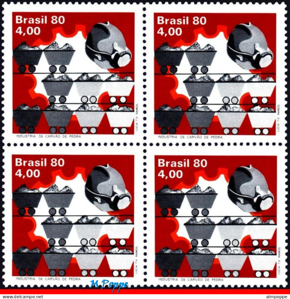 Ref. BR-1684-Q BRAZIL 1980 - ANTHRACITE INDUSTRY,COAL, MINE, BLOCK MNH, INDUSTRY 4V Sc# 1684 - Blocks & Kleinbögen