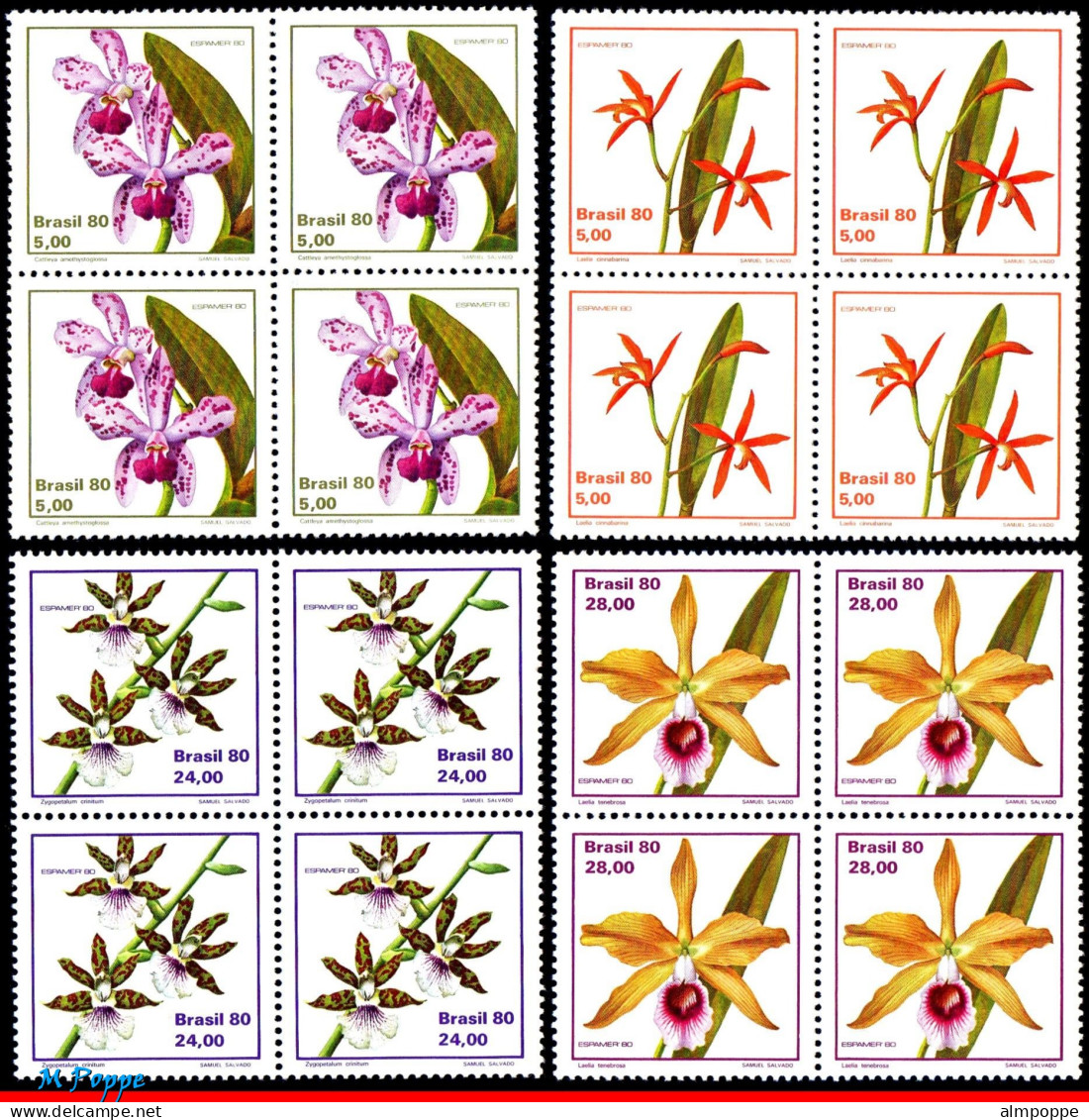 Ref. BR-1711-14Q BRAZIL 1980 - ORCHIDS,PHILATELICEXHIBITION,MI# 1785-88,BLOCKS MNH, FLOWERS, PLANTS 16V Sc# 1711-1714 - Blocks & Sheetlets