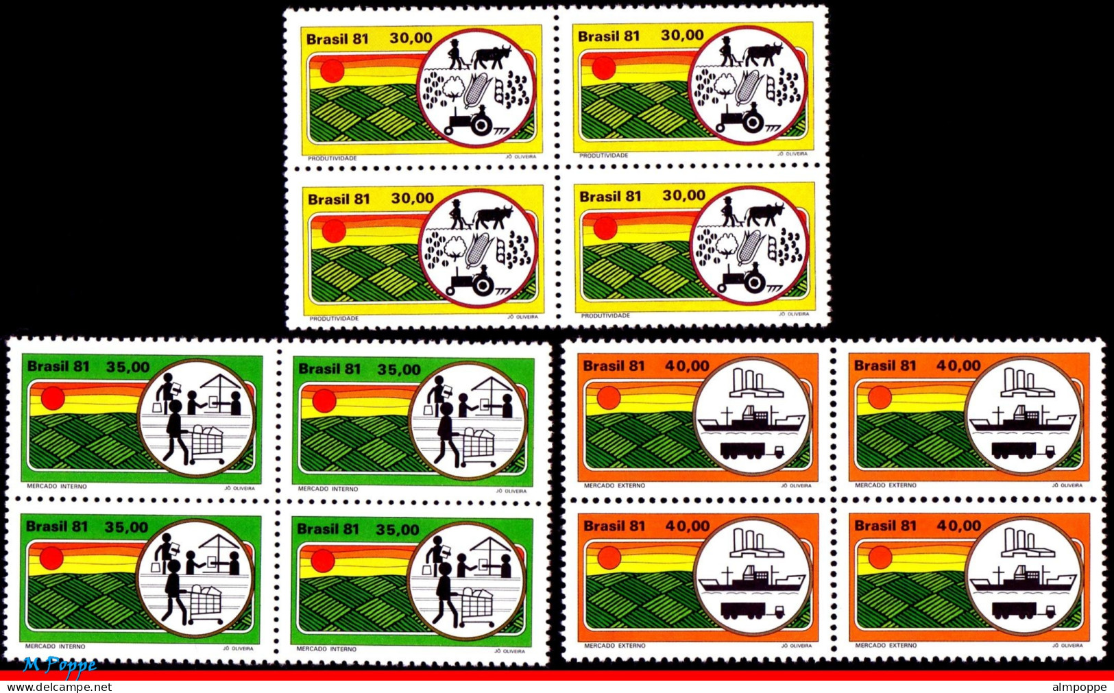 Ref. BR-1727-29Q BRAZIL 1981 - PRODUCTIVITY, SHIPS,TRUCK,TRACTOR,MI# 1807-09,BLOCKS MNH, AGRICULTURE 12V Sc# 1727-1729 - Blokken & Velletjes