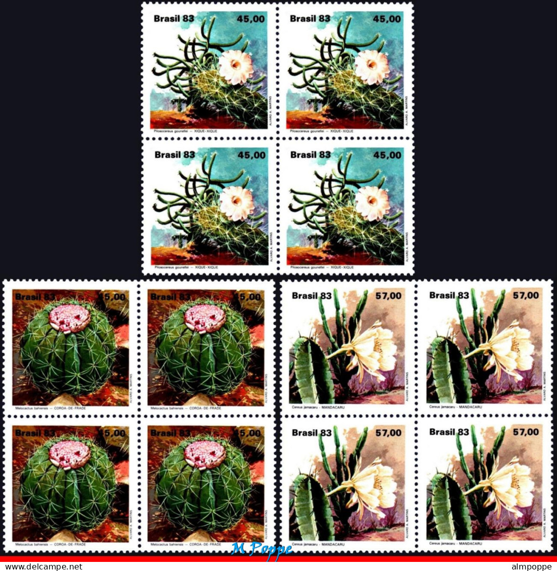 Ref. BR-1880-82-Q BRAZIL 1983 - CACTUS, FLORA,MI# 1996-98, BLOCKS MNH, FLOWERS, PLANTS 12V Sc# 1880-1882 - Hojas Bloque