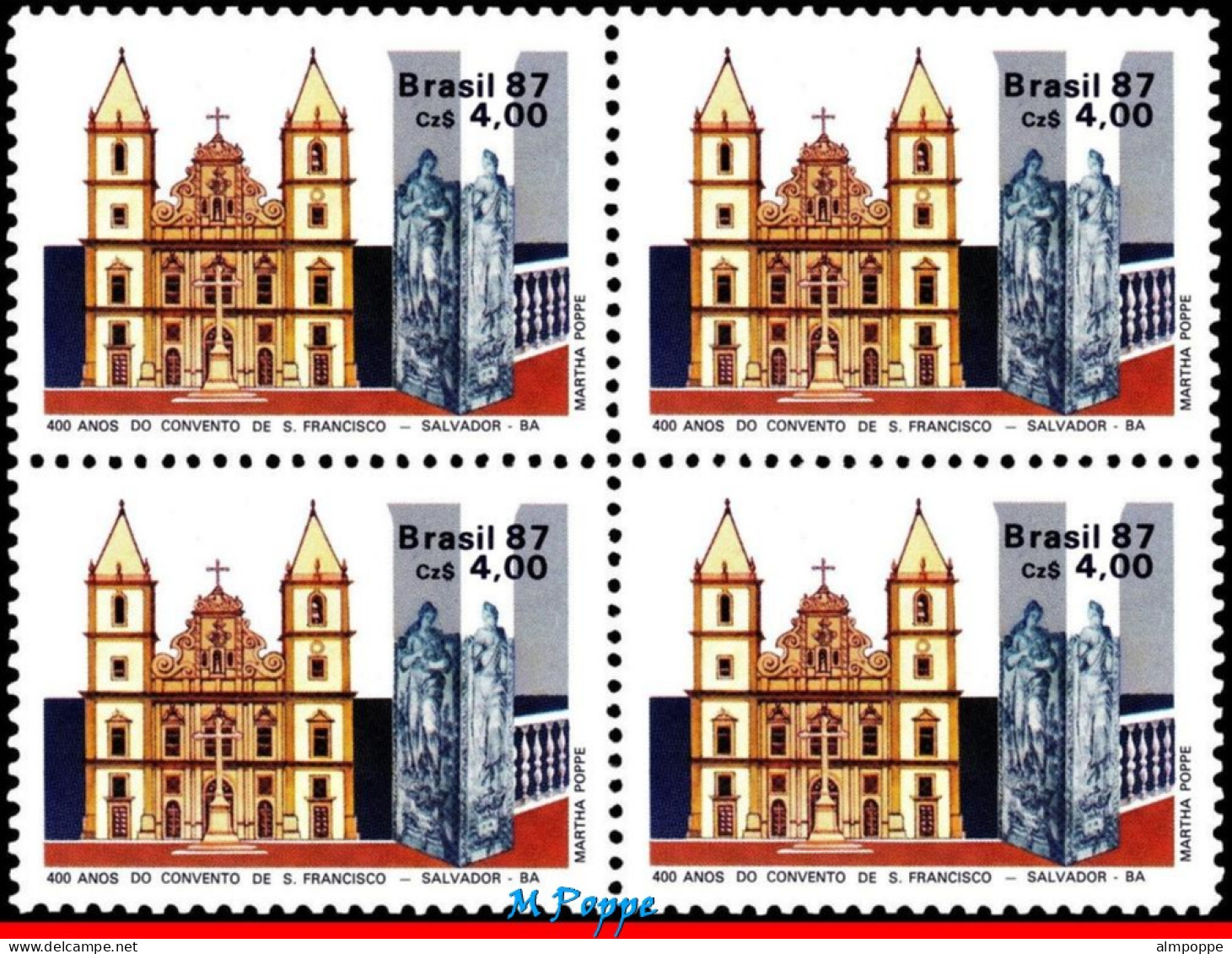 Ref. BR-2113-Q BRAZIL 1987 - ST. FRANCIS CONVENT,RELIGION, ARCHITECTURE, BLOCK MNH, CHURCHES 4V Sc# 2113 - Blokken & Velletjes