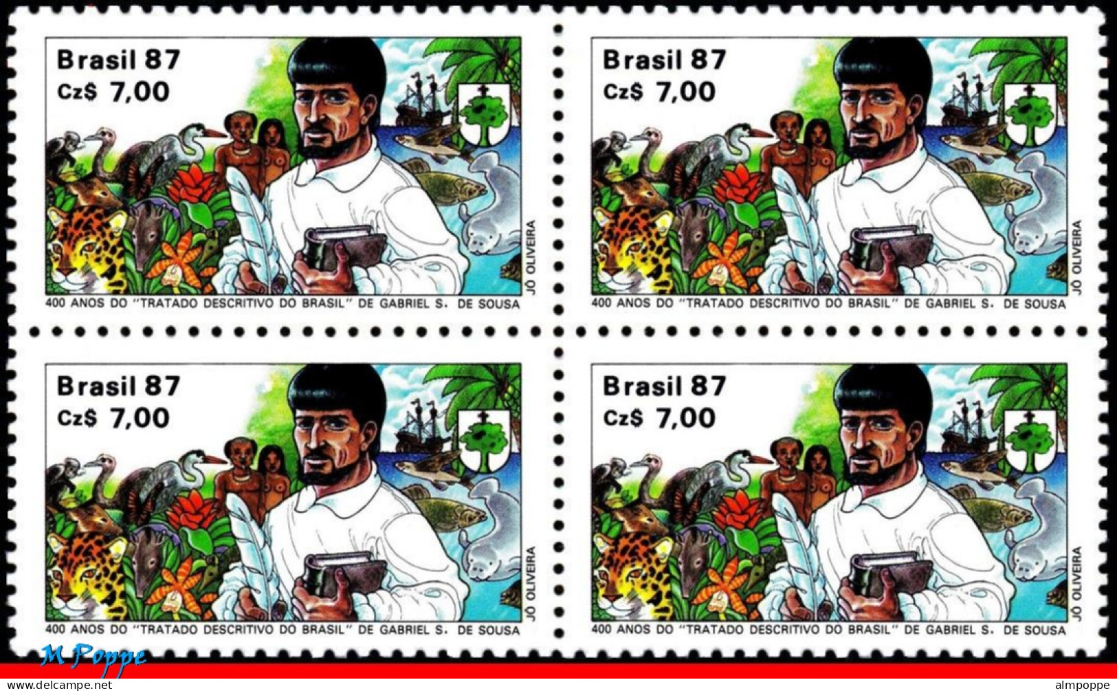 Ref. BR-2124-Q BRAZIL 1987 - GABRIEL S. DE SOUSA,TREATISE, CATS, FISH, SHIPS, BLOCK MNH, FAMOUS PEOPLE 4V Sc# 2124 - Blocks & Sheetlets