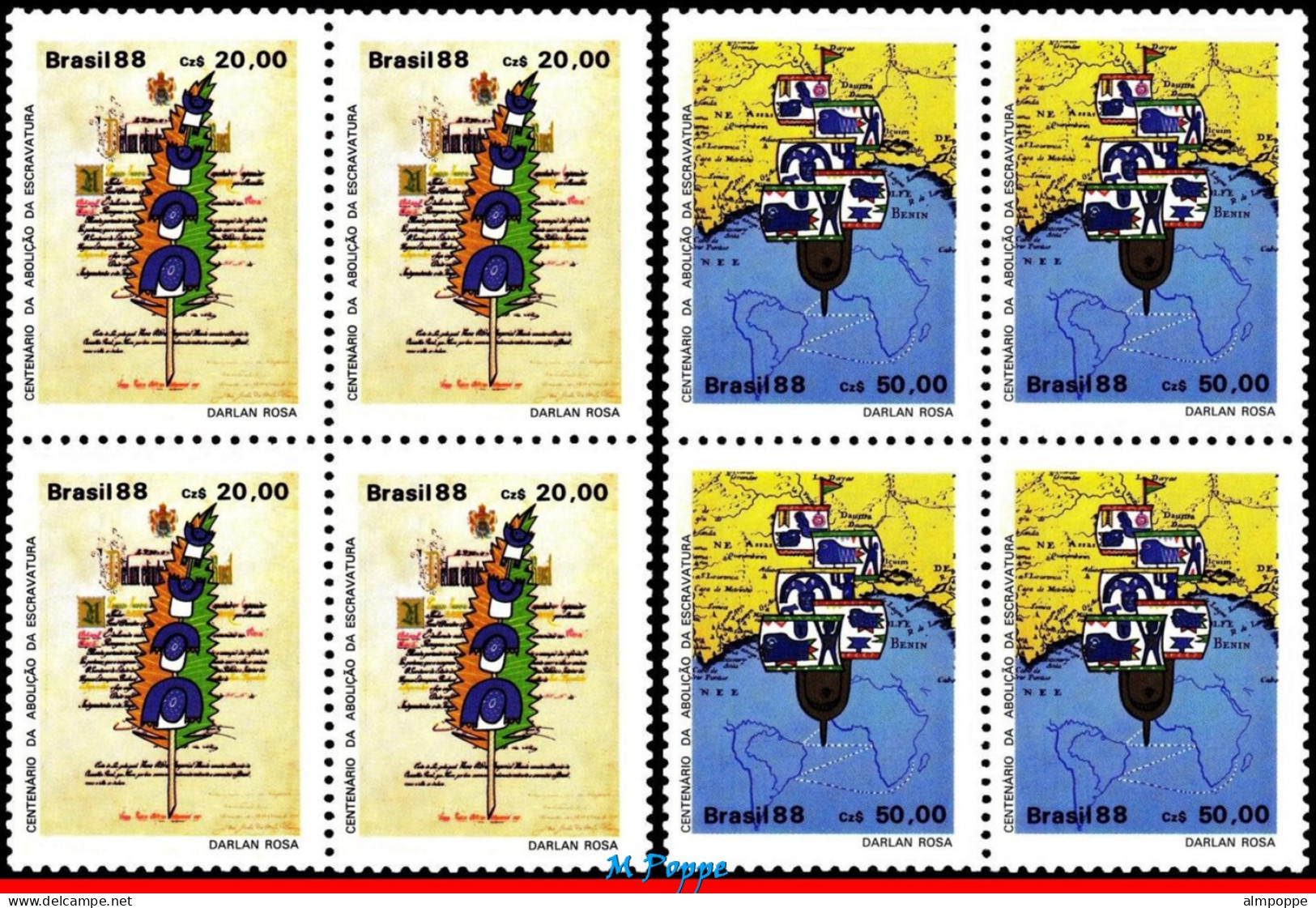 Ref. BR-2132-33-Q BRAZIL 1988 - ABOLITION OF SLAVERY,ANTI RACISM, MI# 2250-51, BLOCKS MNH, HISTORY 8V Sc# 2132-2133 - Blocks & Sheetlets