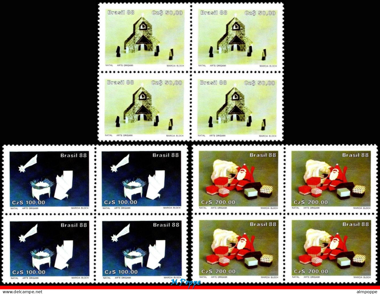 Ref. BR-2153-55-Q BRAZIL 1988 - RELIGION, ORIGAMI ART,MI# 2271-73, BLOCKS MNH, CHRISTMAS 12V Sc# 2153-2155 - Blocks & Sheetlets