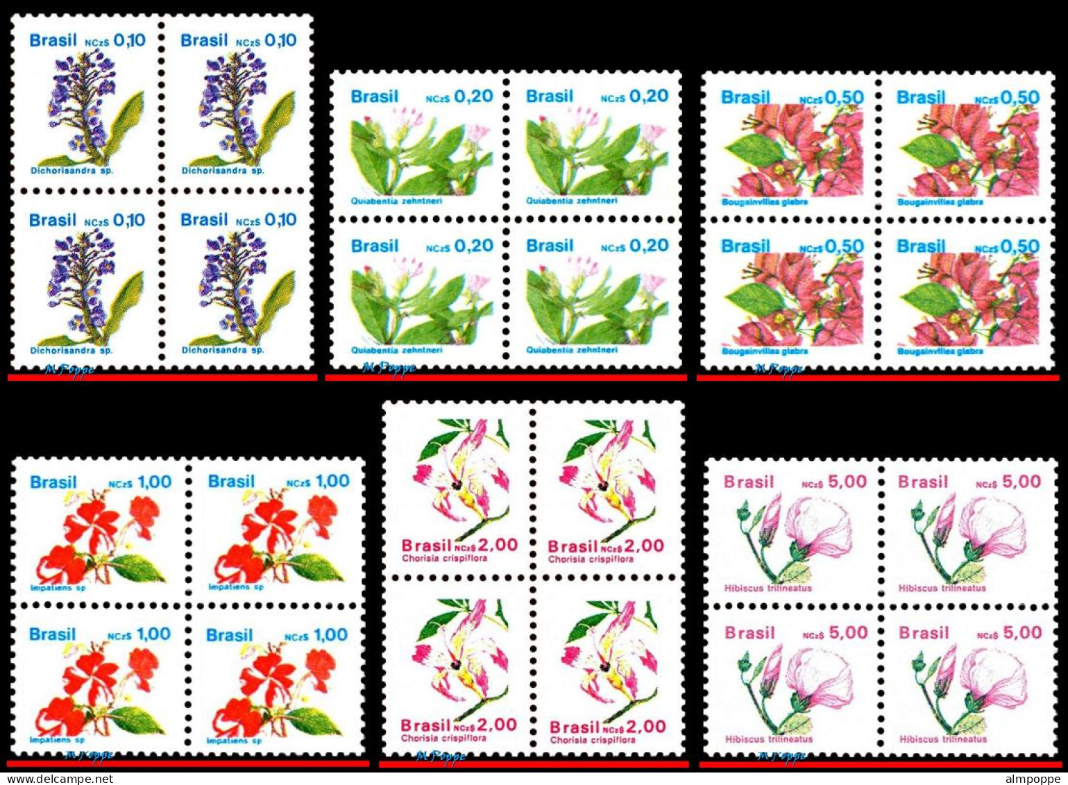 Ref. BR-2176-81-Q BRAZIL 1989 - FLORA, BLOCKS OFCOMPLETE SET, ALL MNH VF, FLOWERS, PLANTS 24V Sc# 2176-2181 - Blocks & Sheetlets