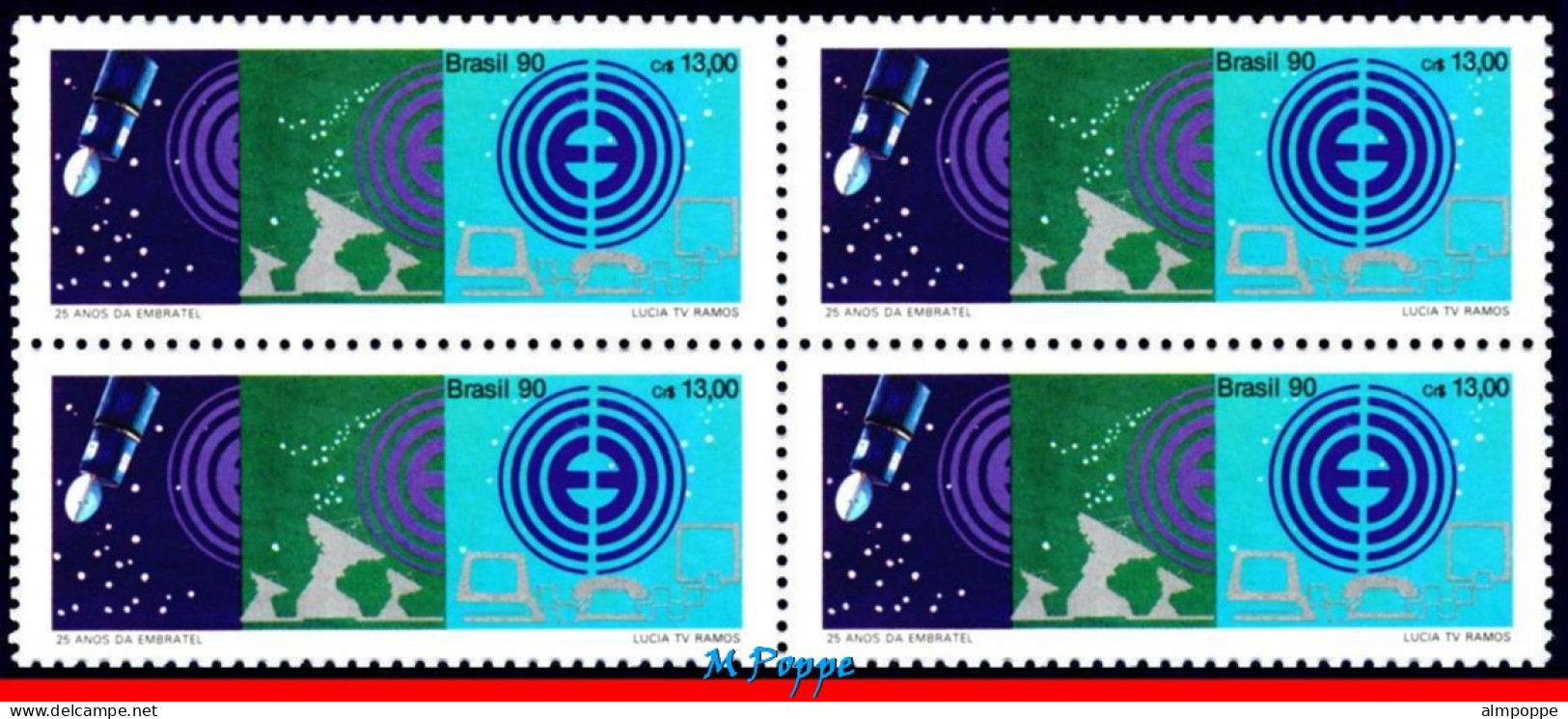 Ref. BR-2281-Q BRAZIL 1990 - EMBRATEL, 25TH ANNIV.,SPACE, SATELLITE, MI# 2376,BLOCK MNH, TELECOMMUNICATION 4V Sc# 2281 - Blocks & Sheetlets