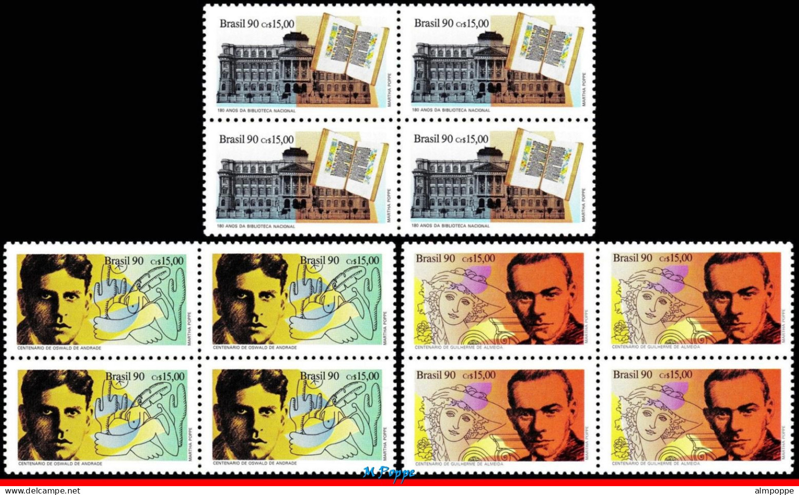 Ref. BR-2288-90-Q BRAZIL 1990 - LITERATURE, LIBRARY,WRITERS, MI# 2383-85, BLOCKS MNH, FAMOUS PEOPLE 12V Sc# 2288-2290 - Blocks & Sheetlets