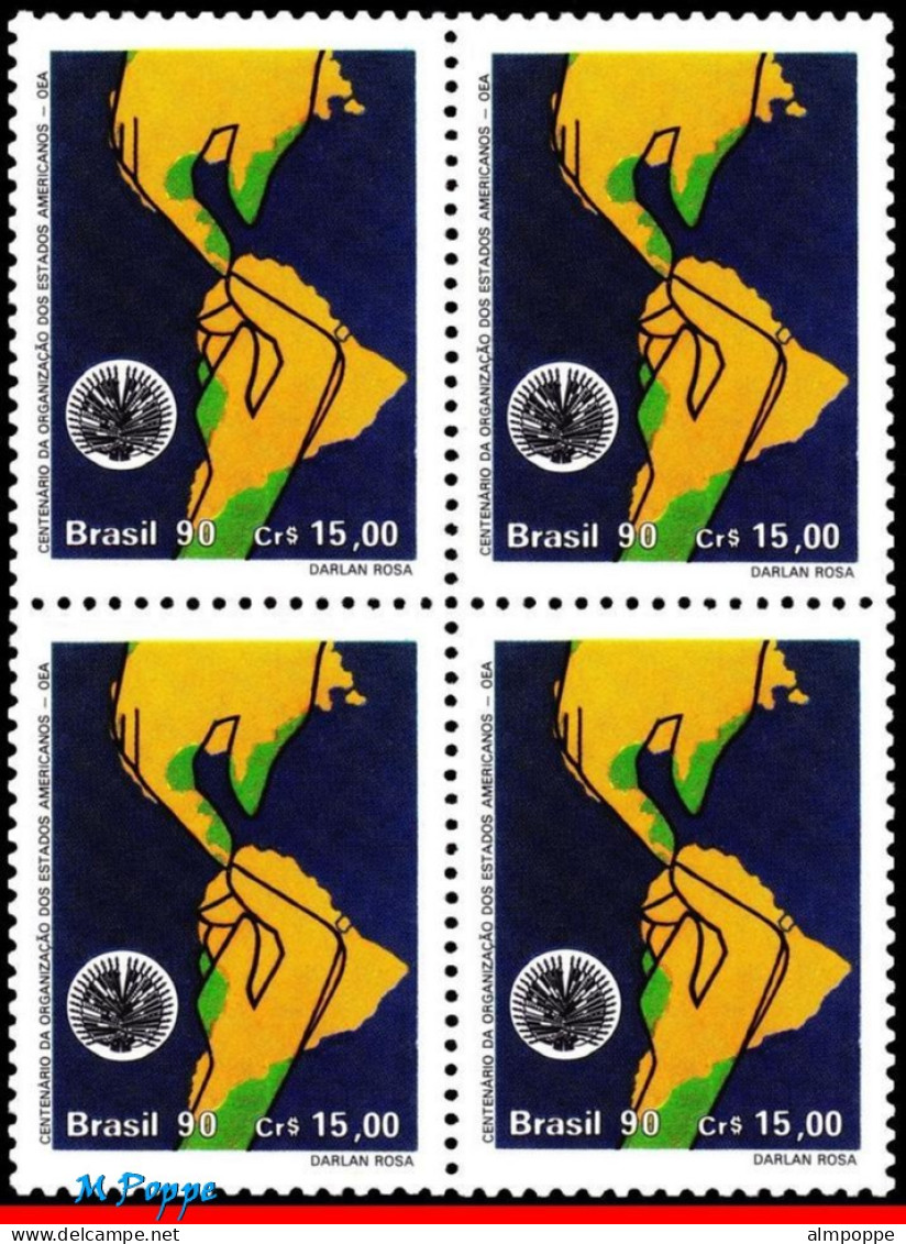 Ref. BR-2294-Q BRAZIL 1990 - ORGANIZATION OF AMERICANSTATES, OAS, OEA, MI# 2392, BLOCK MNH, MAPS 4V Sc# 2294 - Blocks & Kleinbögen