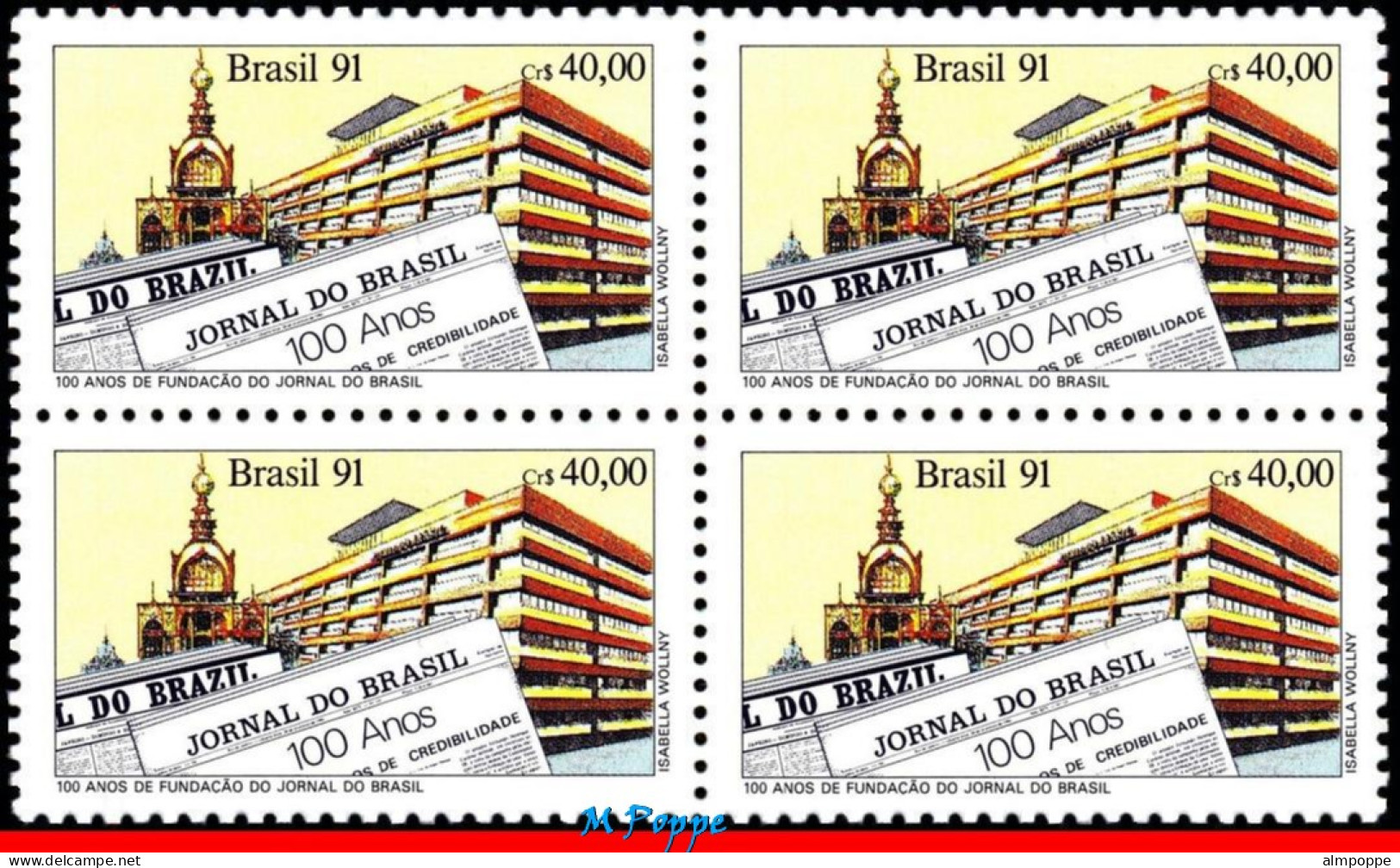 Ref. BR-2314-Q BRAZIL 1991 - JOURNAL OF BRAZIL,CENT., MI# 2410, BLOCK MNH, NEWSPAPERS, JOURNALISM 4V Sc# 2314 - Hojas Bloque