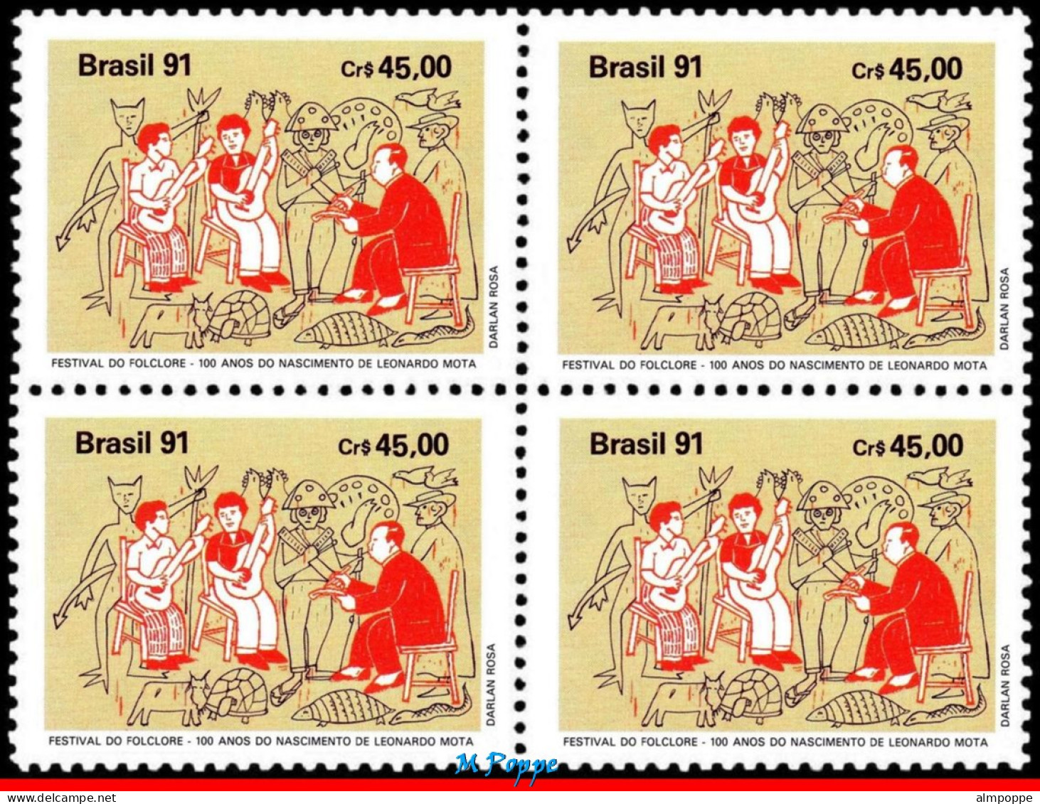 Ref. BR-2325-Q BRAZIL 1991 - FOLKLORE FESTIVAL,LEONARDMOTA, FAMOUS PEOPLE, MI# 2425, BLOCK MNH, MUSIC 4V Sc# 2325 - Blocks & Sheetlets