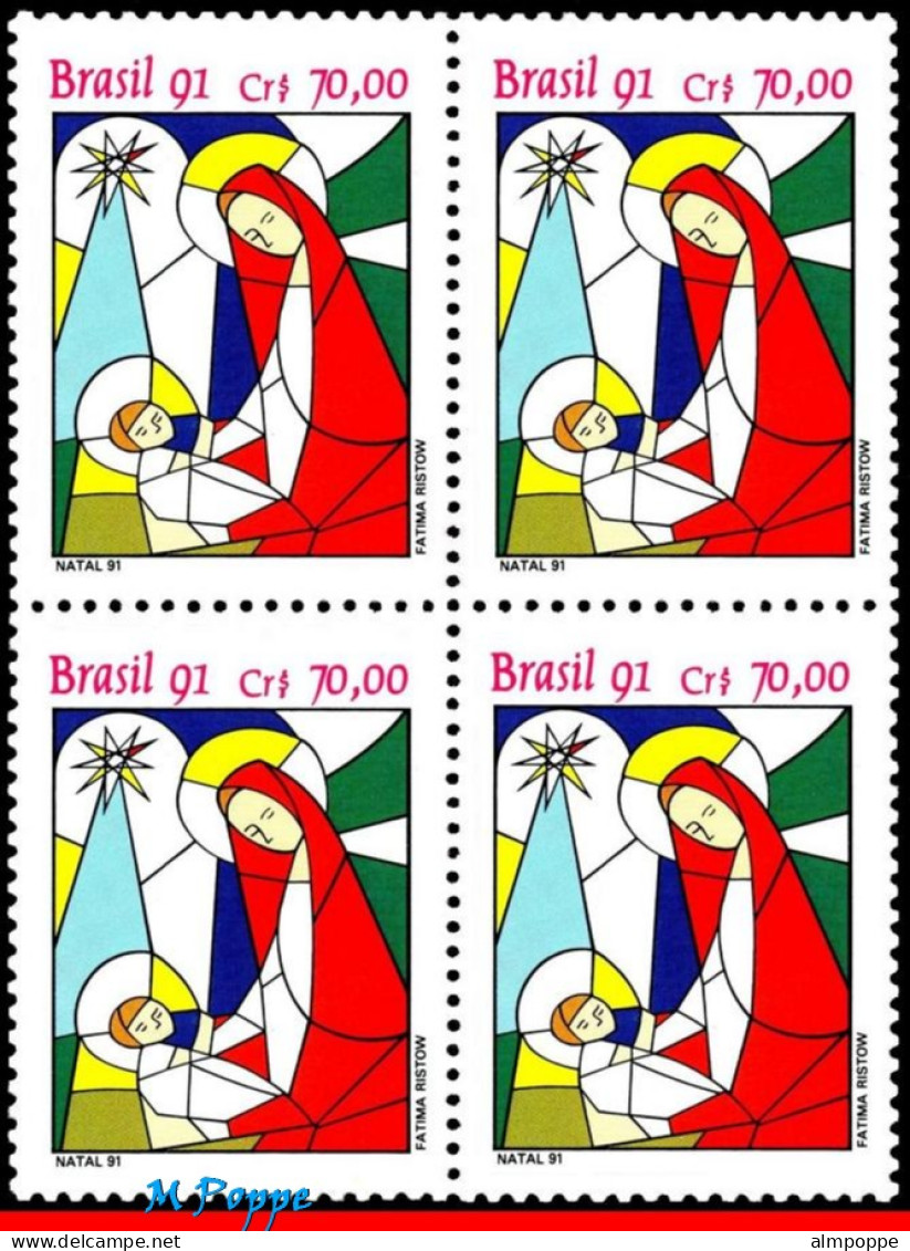 Ref. BR-2343-Q BRAZIL 1991 - RELIGION, STAINED GLASS,MI# 2445, BLOCK MNH, CHRISTMAS 4V Sc# 2343 - Blocks & Sheetlets