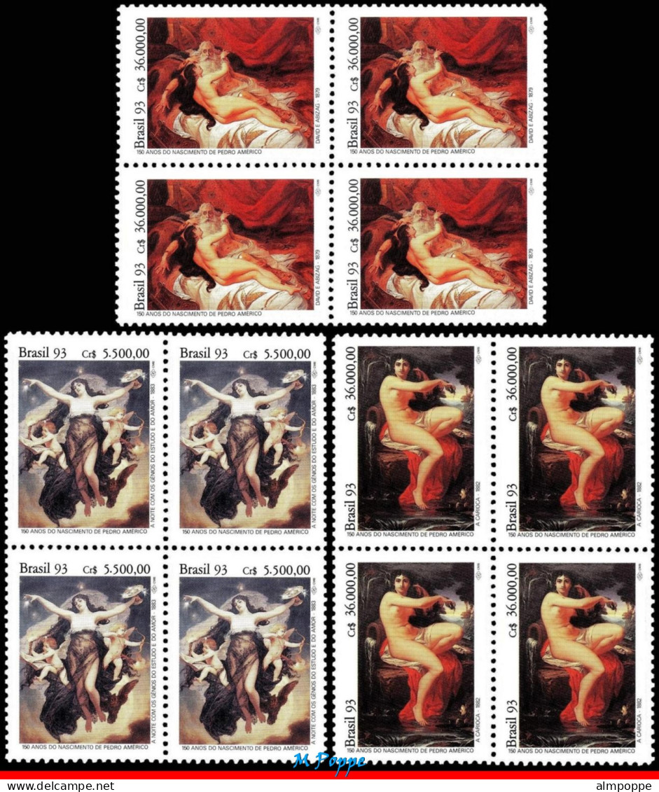 Ref. BR-2404-06-Q BRAZIL 1993 - PAINTINGS BY PEDROAMERICO, ART,MI# 2519-21,BLOCKS MNH, FAMOUS PEOPLE 12V Sc# 2404-2406 - Blocchi & Foglietti