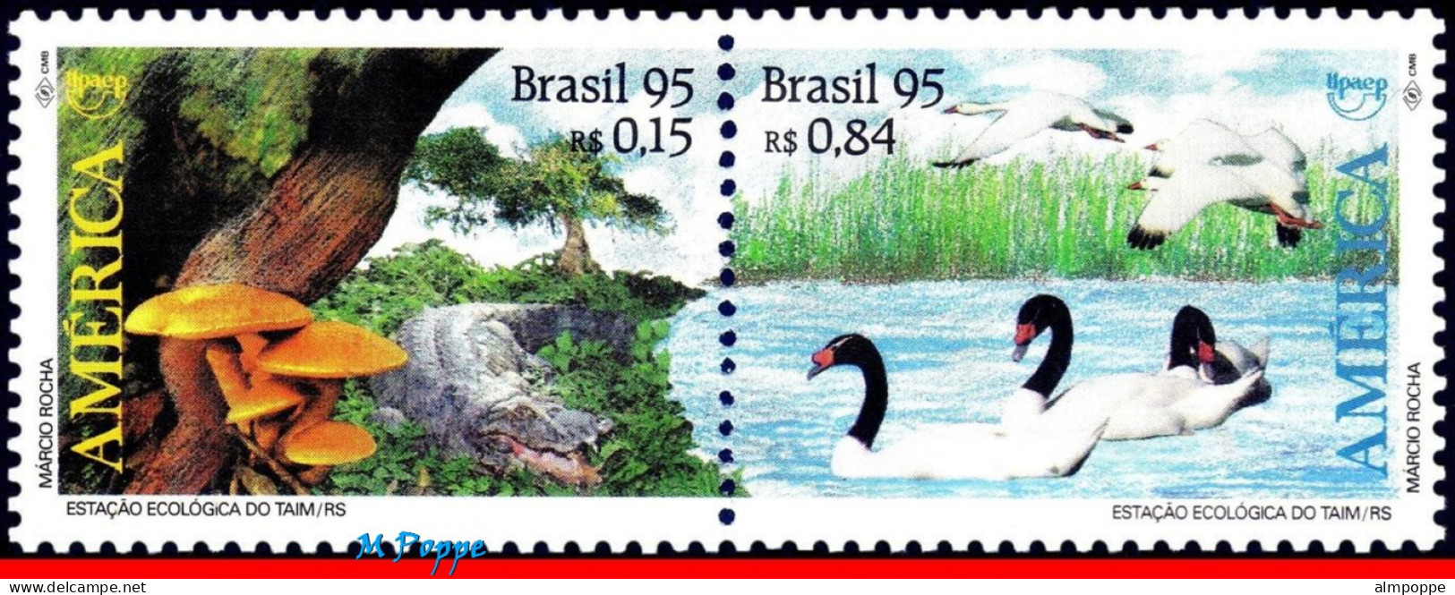 Ref. BR-2558-59 BRAZIL 1995 - UPAEP,REPTILES,ALLIGATOR,MUSHROOMS, MI# 2670-71,SET MNH, BIRDS 2V Sc# 2558-2559 - Cygnes