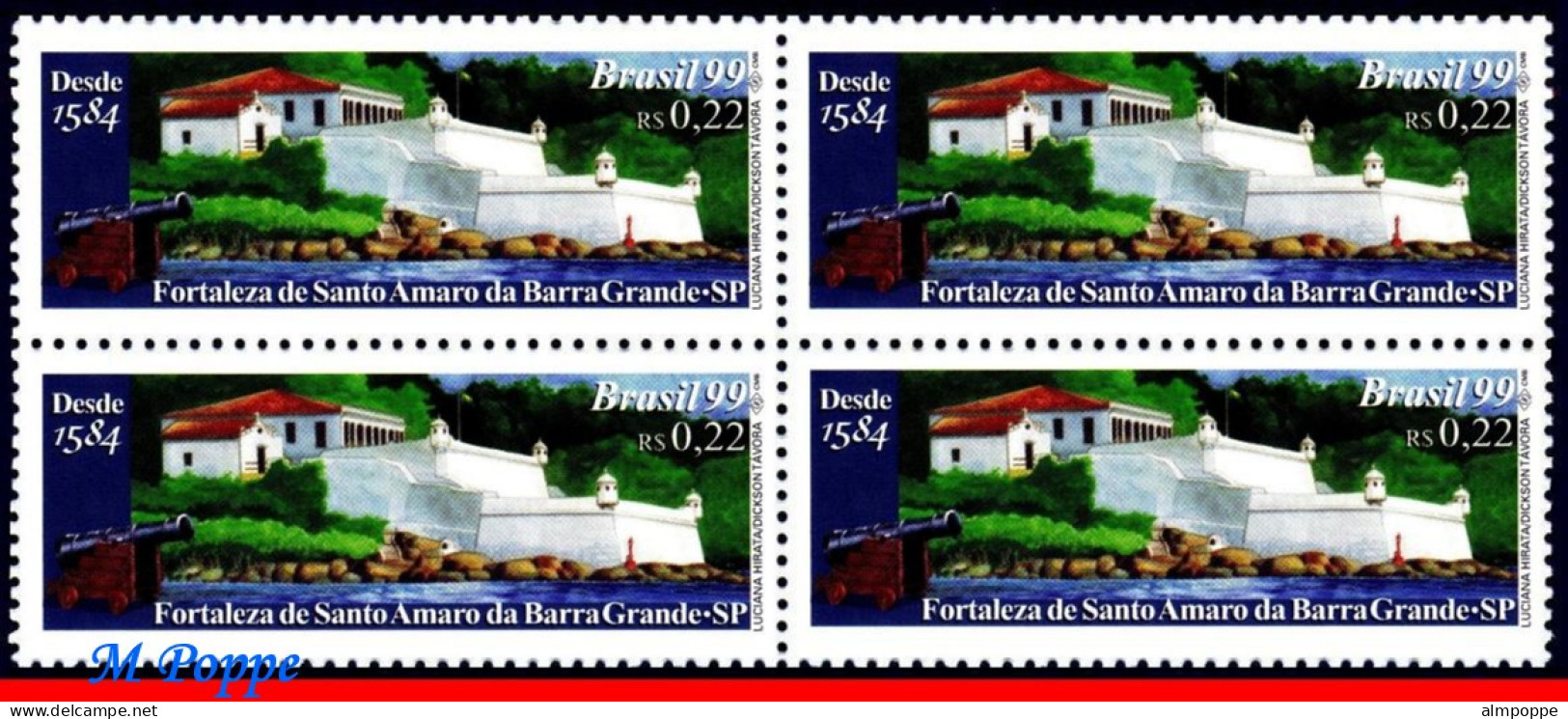 Ref. BR-2710-Q BRAZIL 1999 - FORTRESS OF ST.AMAROBARRA GRANDE,MI# 2937, BLOCK MNH, CASTLES, FORTIFICATIONS 4V Sc# 2710 - Blocks & Kleinbögen