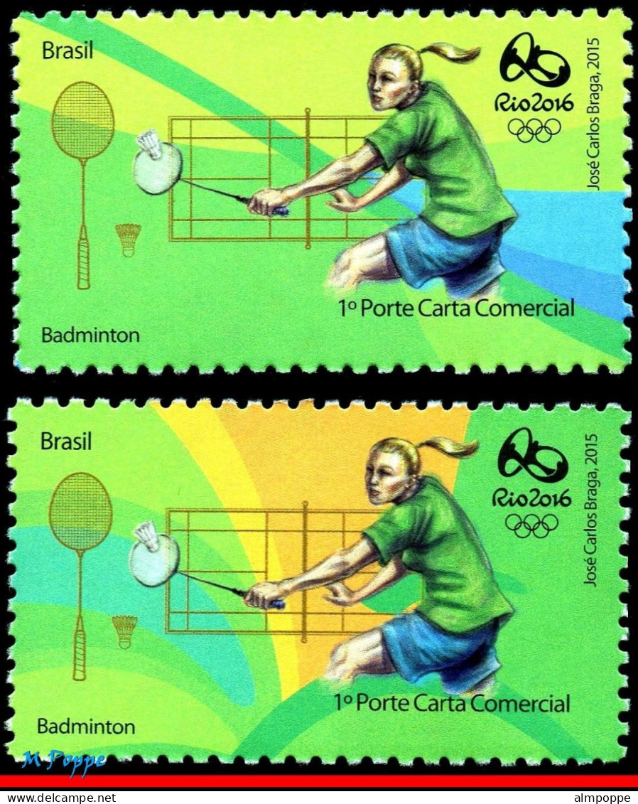 Ref. BR-OLYM-E08 BRAZIL 2015 - OLYMPIC GAMES, RIO 2016,BADMINTON, STAMPS 1ST & 4TH SHEET, MNH, SPORTS 2V - Badminton