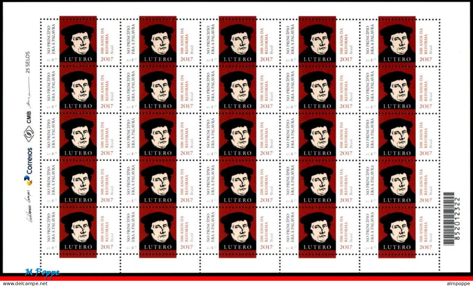 Ref. BR-V2017-03FO BRAZIL 2017 - WITH GERMANY, LUTHERANREFORMATION, MARTIN LUTHER, SHEET MNH, JOINT ISSUE 25V - Hojas Bloque