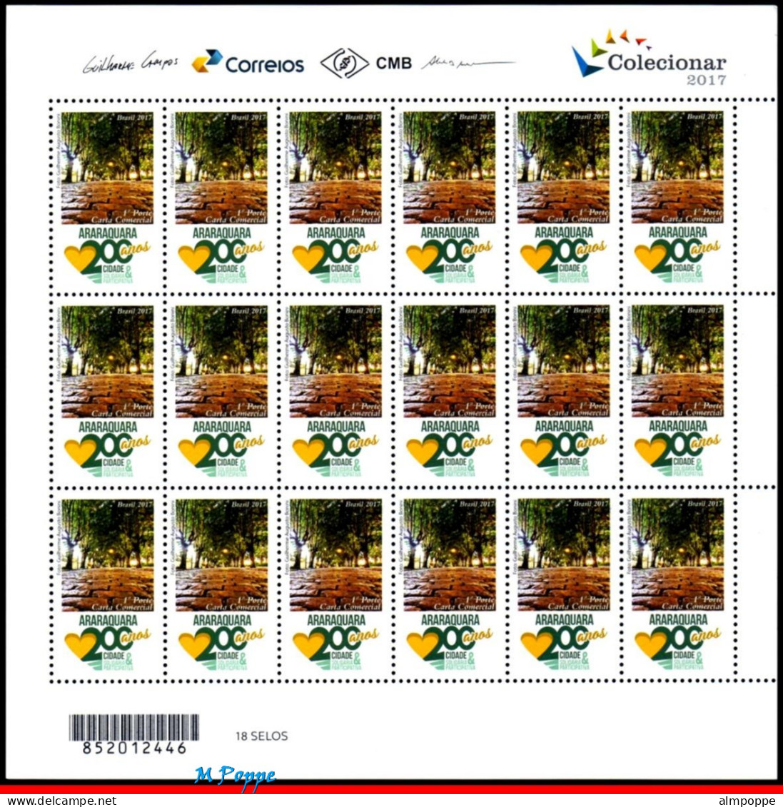 Ref. BR-V2017-09FO BRAZIL 2017 - 200 YEARS OF ARARAQUARACITY, TREES, SHEET MNH, CITIES 18V - Blocks & Kleinbögen