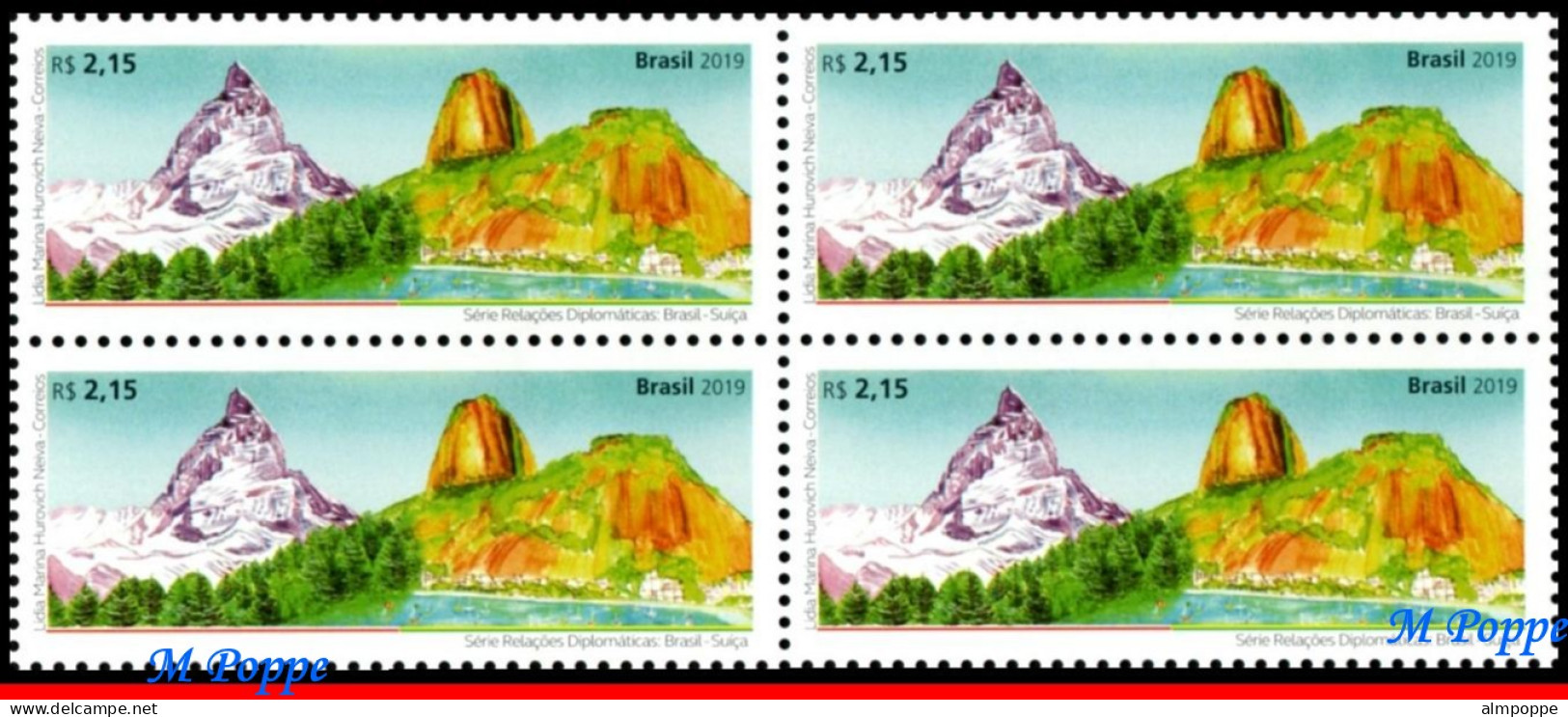 Ref. BR-V2019-29-Q BRAZIL 2019 - WITH SWITZERLAND, PAO DEA��CAR & MATTERHORN, MOUNTAINS,BLOCK MNH, RELATIONSHIP 4V - Blocks & Sheetlets