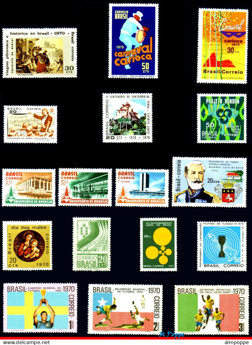 Ref. BR-Y1970-S BRAZIL 1970 - ALL COMMEMORATIVE STAMPSOF THE YEAR, SCOTT VALUE $66.80, ALL MNH, . 28V Sc# 1141A~1182 - Full Years