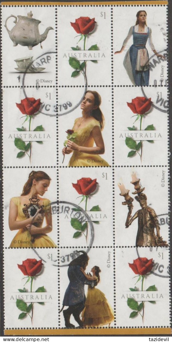 AUSTRALIA - USED 2017 $6.00 Block Of $1.00 Rose With Beauty And The Beast Tabs - Crease At Top - Used Stamps