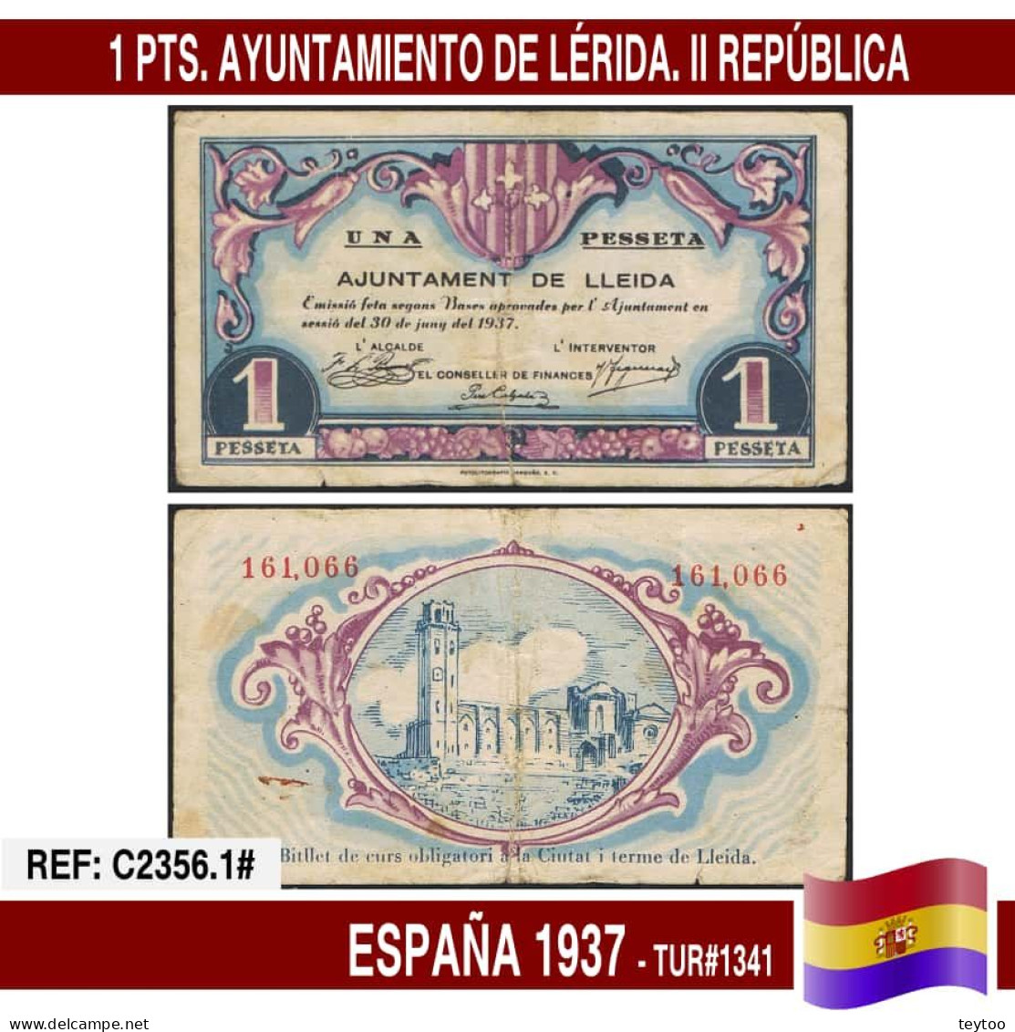 C2356.1# España 1937. 1 Pts. Ayuntamiento De Lérida (VF) TUR@1341 - 1-2 Peseten