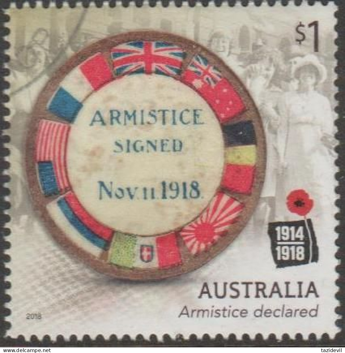 AUSTRALIA - USED 2018 $1.00 Centenary Of WWI: 1918 - Armistice Declared - Flags - Used Stamps