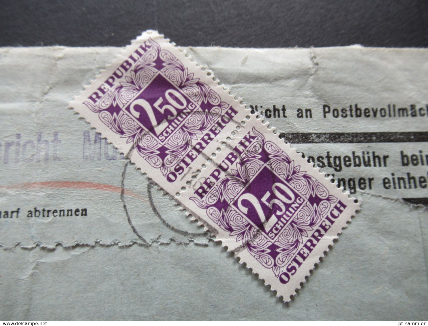 Österreich Beleg RSa Eigenhändig / Postgebühr Beim Empfänger Einheben / 2x Nachporto Marke 2,50 Schilling Nach Weiz - Postage Due