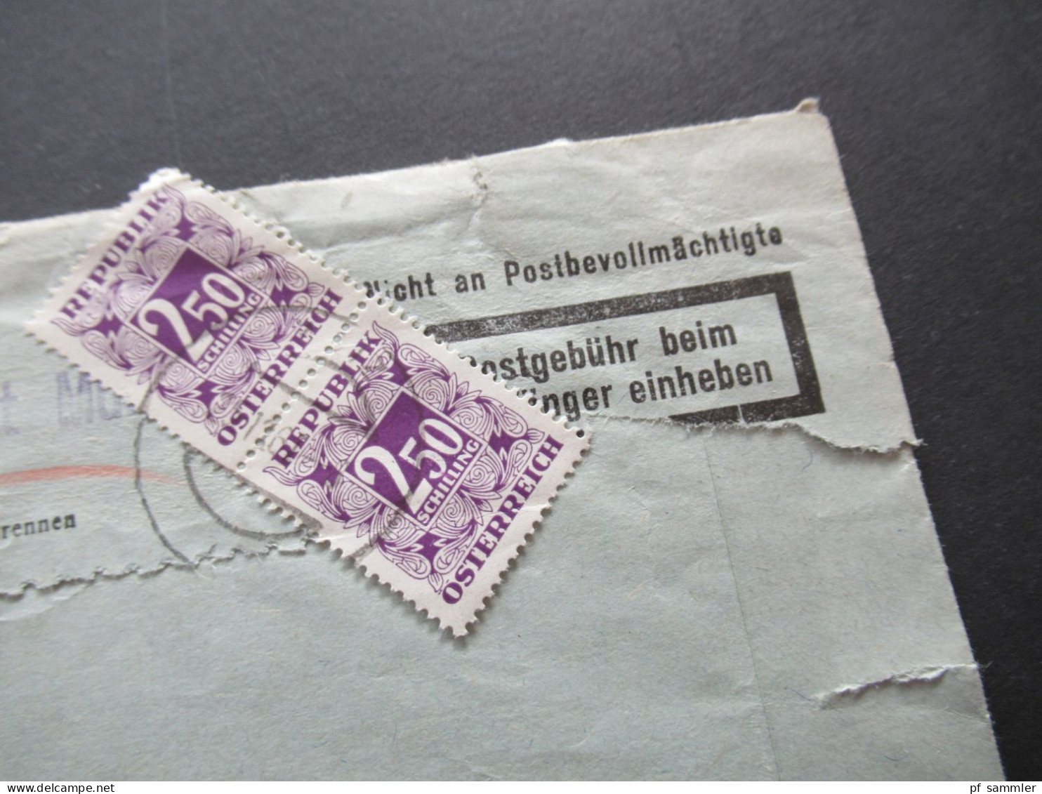 Österreich Beleg RSa Eigenhändig / Postgebühr Beim Empfänger Einheben / 2x Nachporto Marke 2,50 Schilling Nach Weiz - Postage Due