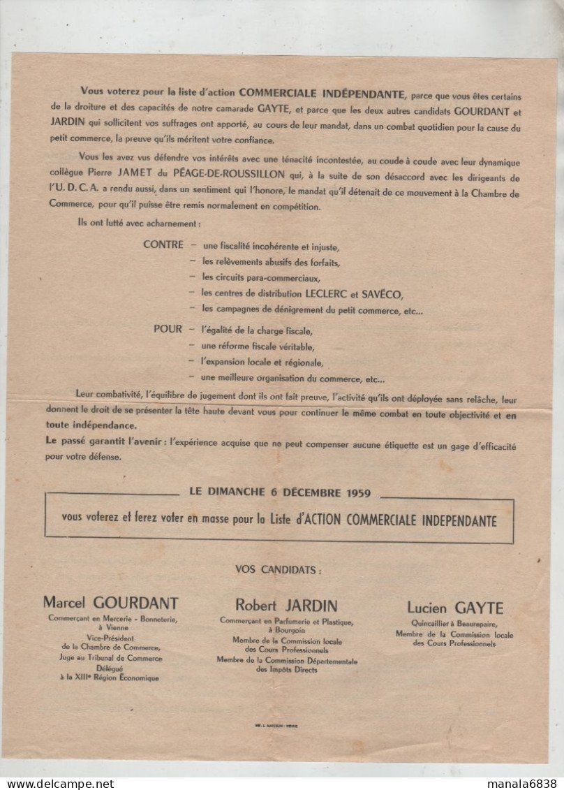 Gourdant Vienne Jardin Bourgoin Gayte Beaurepaire 1959 Elections Chambre De Commerce - Non Classés