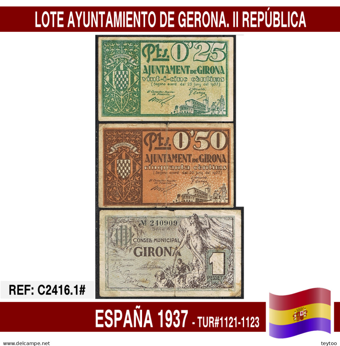 C2416.1# España 1937. Lote Ayuntamiento De Gerona (VF) TUR@1121-1123 - 1-2 Pesetas