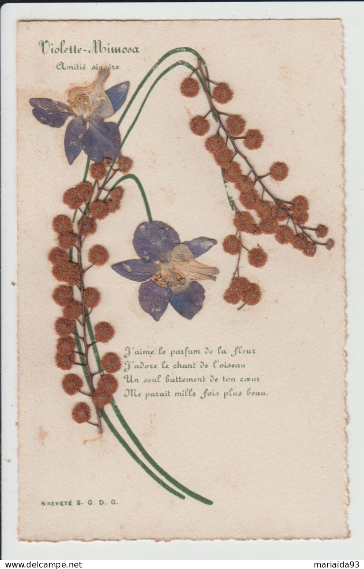 CARTE AVEC AJOUTIS DE FLEURS SECHEES - VIOLETTE ET MIMOSA - POEME - Autres & Non Classés