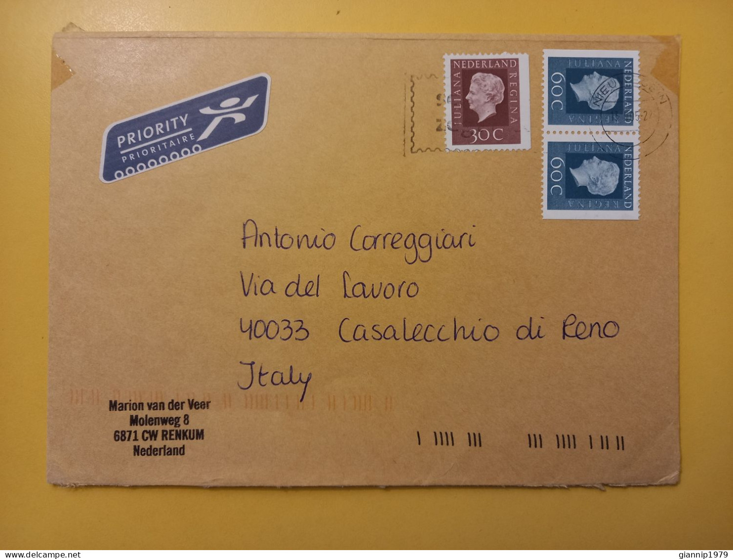 2005 BUSTA COVER PAESI BASSI OLANDA NEDERLAND BOLLO QUEEN JULIANA OBLITERE'  ETICHETTA FOR ITALY - Lettres & Documents