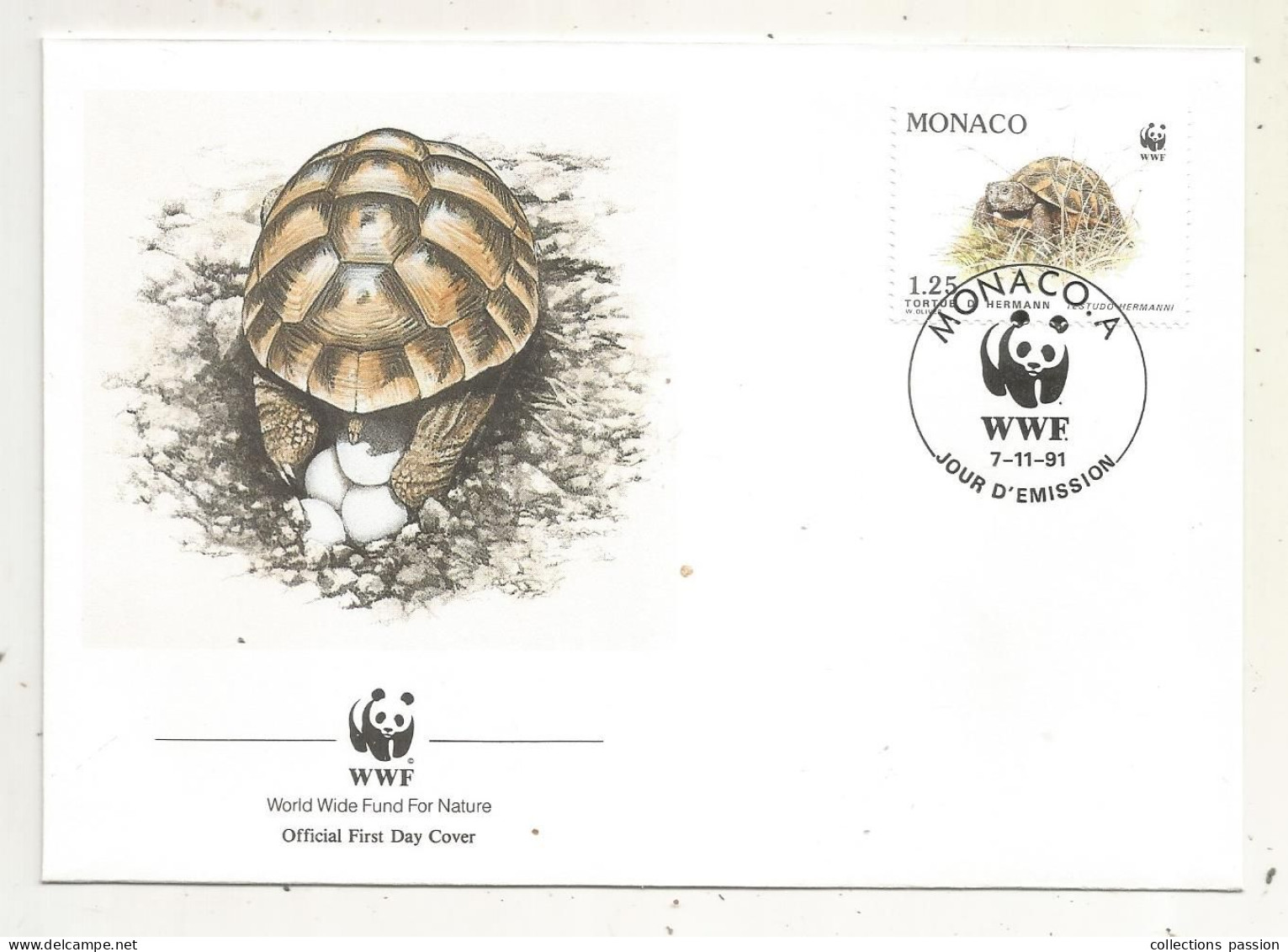 Official FDC, WWF, TORTUE D'Hermann, MONACO. A, 7-11-91 - FDC