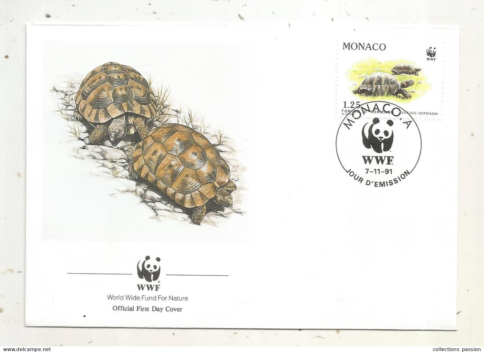 Official FDC, WWF, TORTUE D'Hermann, MONACO. A, 7-11-91 - FDC