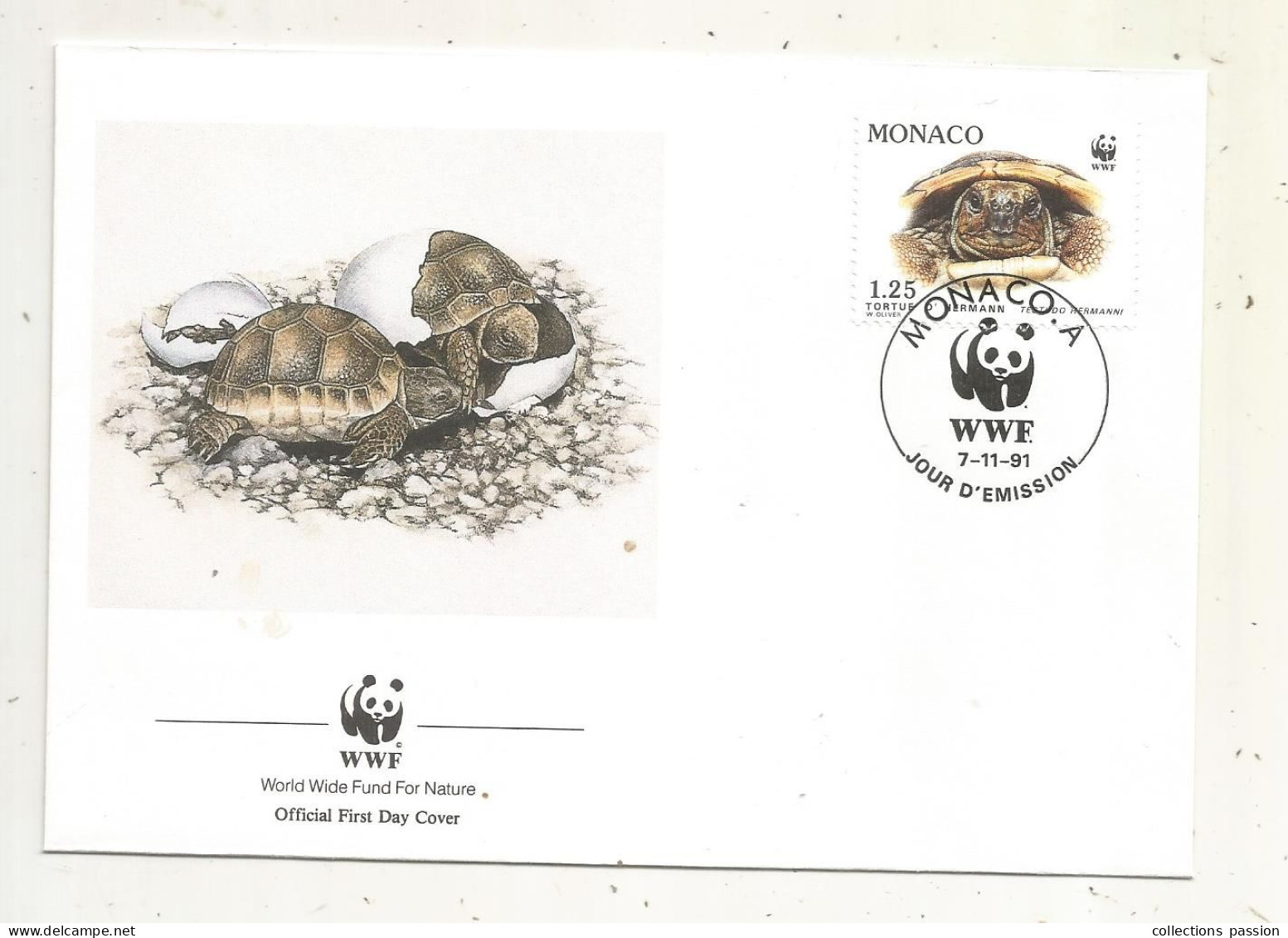 Official FDC, WWF, TORTUE D'Hermann, MONACO. A, 7-11-91 - FDC