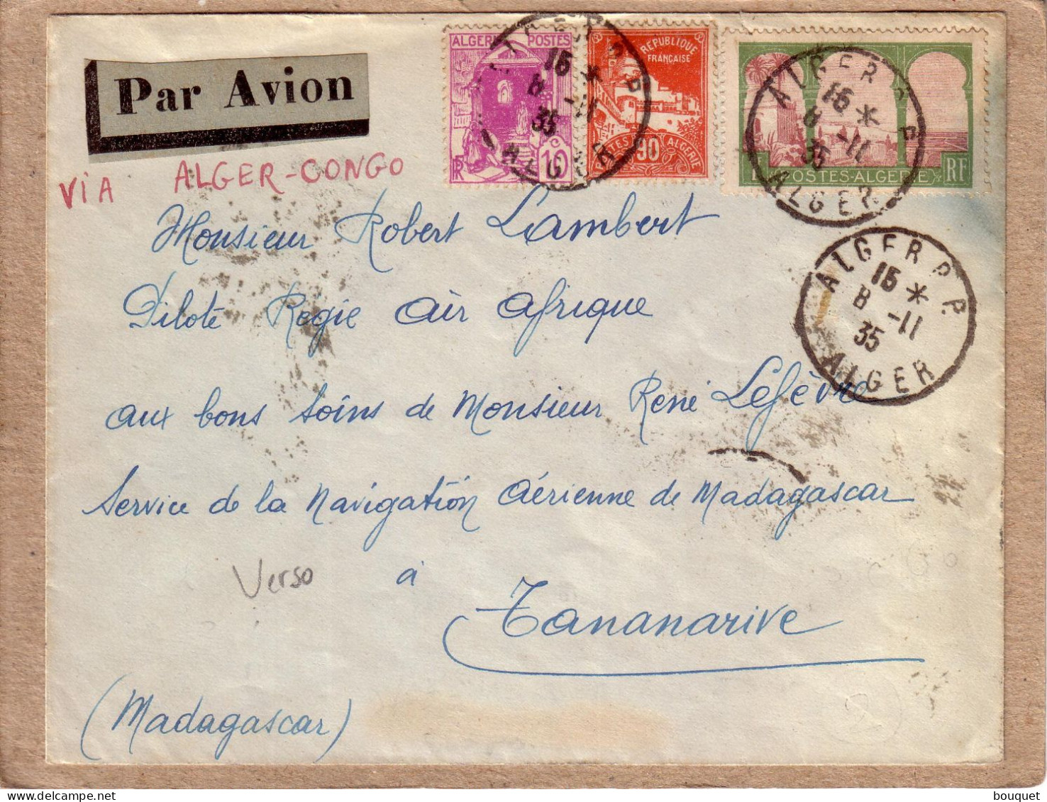 ALGERIE , MADAGASCAR - LETTRE INAUGURATION DU SERVICE AERIEN REGULIER ALGER TANANARIVE - 1935 - Aéreo