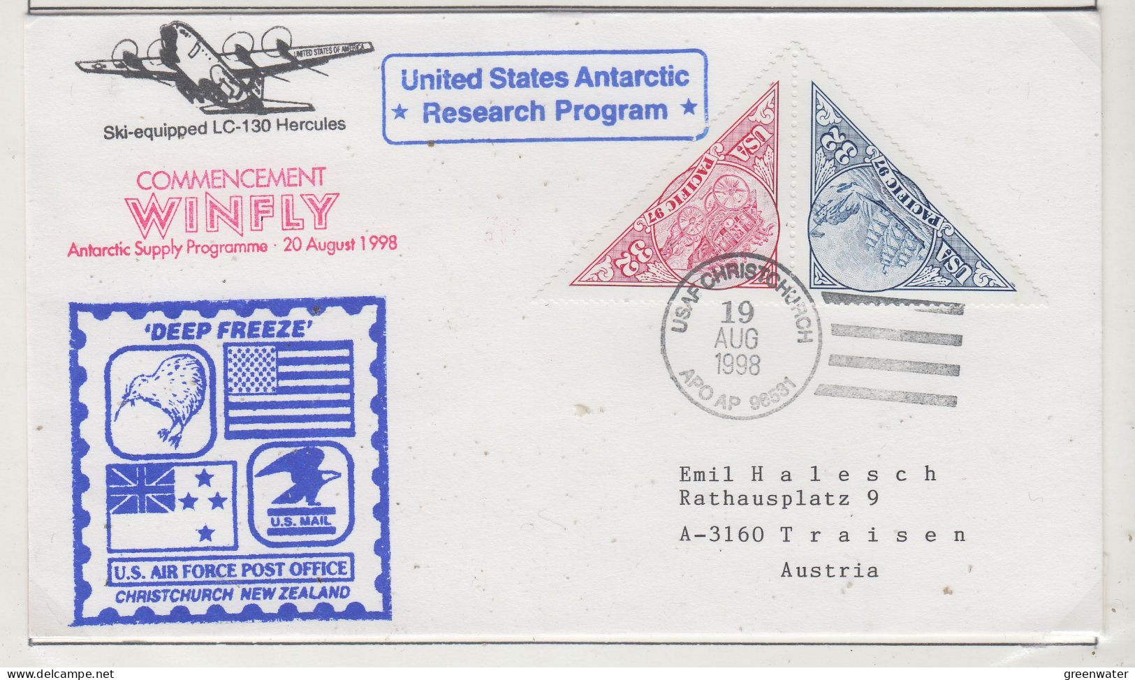 USA  Deep Freeze "Winfly" US Antarctic Rearch Program Ca USAF Christchurch 19 AUG 1998  (OD153A) - Polare Flüge