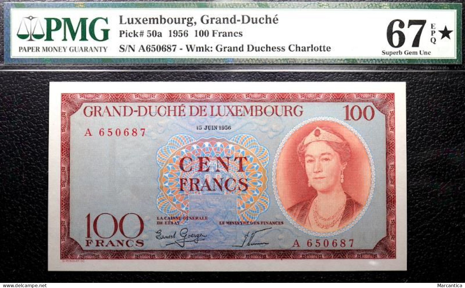 PMG67 EPQ  100 FRANCS 1956 LUXEMBOURG GRAND-DUCHE CHARLOTTE - PMG67 EPQ  SUPERB GEM UNC - Luxemburg