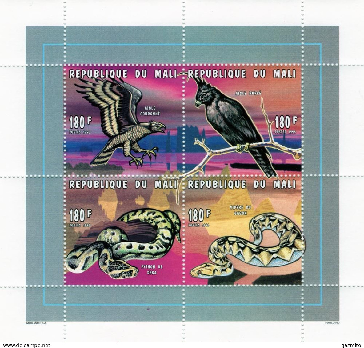 Mali 1996, Birds Of Prey And Snakes, 4val In BF - Aigles & Rapaces Diurnes