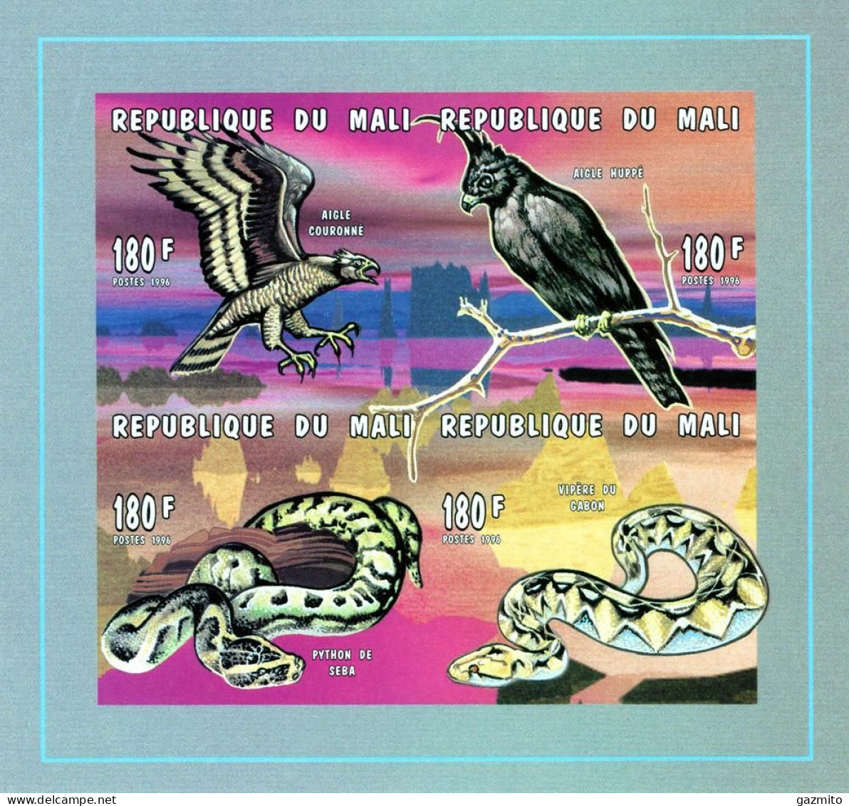 Mali 1996, Birds Of Prey And Snakes, 4val In BF IMPERFORATED - Serpents