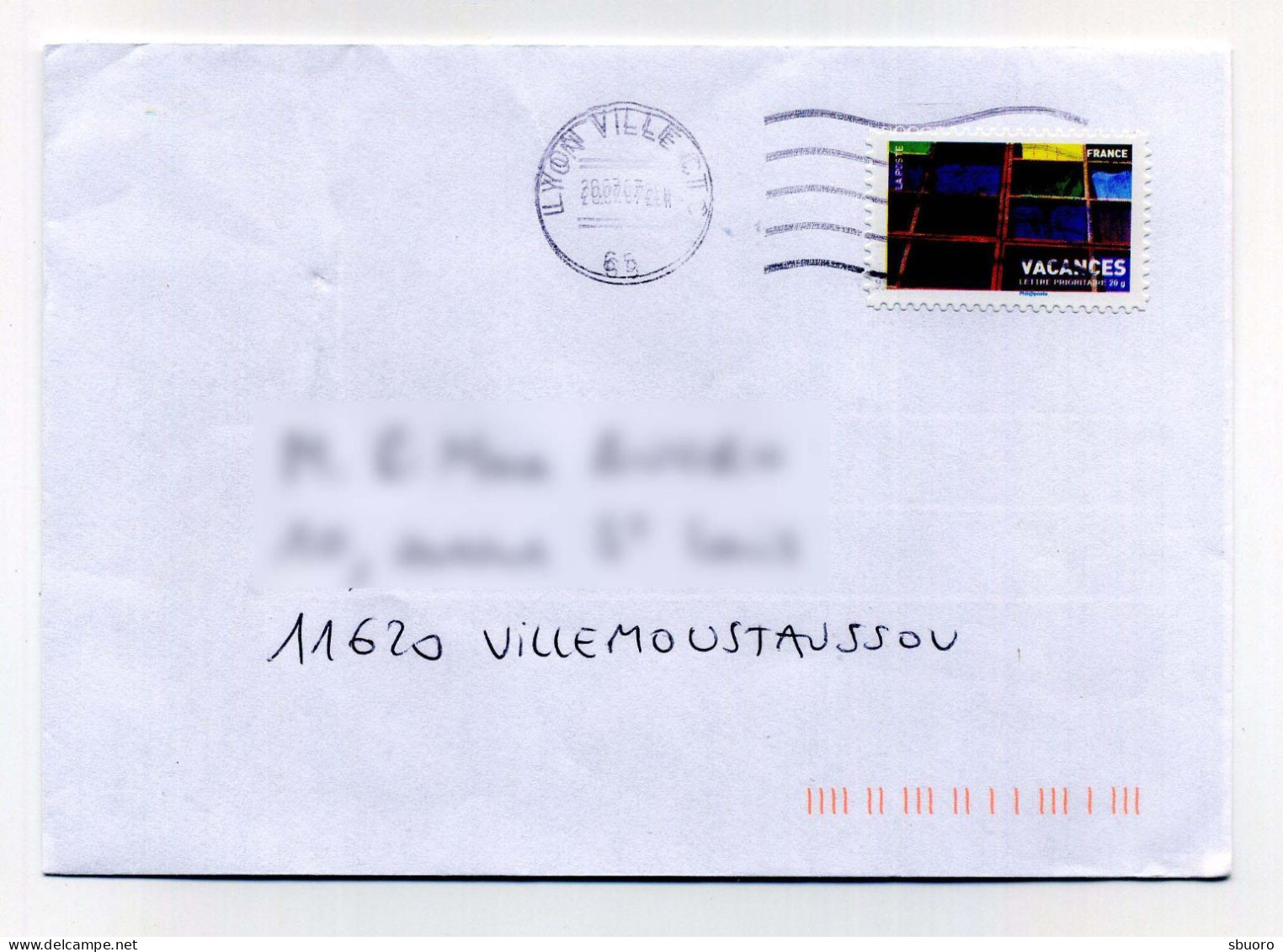 Vacances, Casiers, Couleurs. French Stamp Alone On Inland Cover From Lyon To Villemoustaussou (France, 2007) - Lettres & Documents