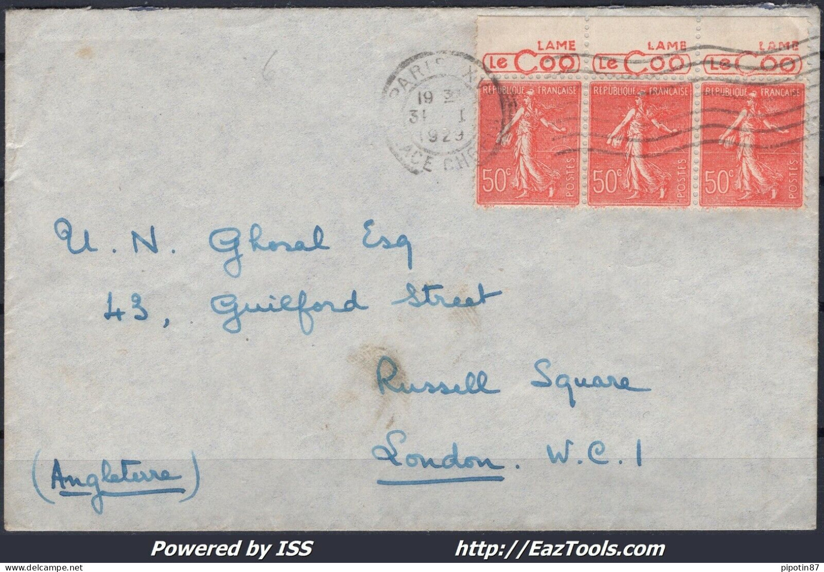 FRANCE BANDE DE 3 N° 199 PUB LE COQ SUR LETTRE POUR LONDRES DE PARIS DU 31/01/1929 - Lettres & Documents