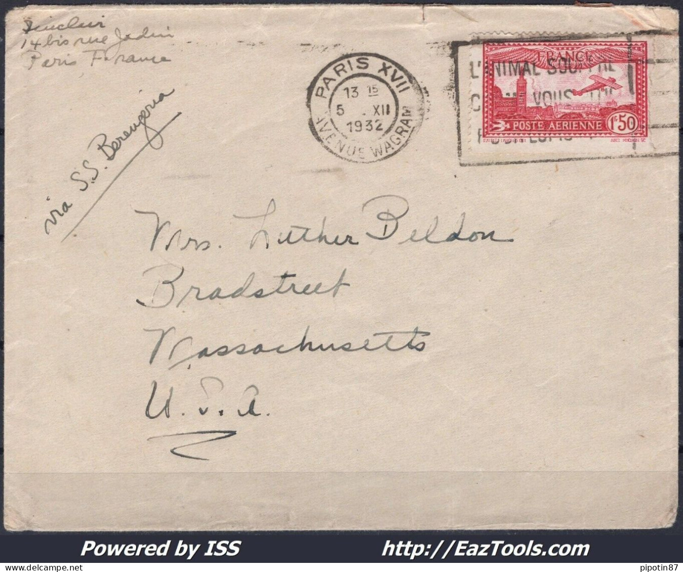 FRANCE PA N° 5 SEUL SUR LETTRE POUR LES USA DE PARIS DU 05/12/1932 - 1927-1959 Cartas & Documentos