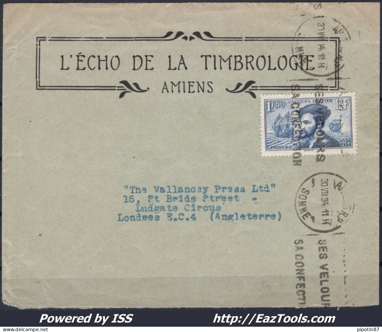 FRANCE N° 297 SEUL SUR LETTRE POUR LONDRES DE AMINES RP DU 30/08/1934 - Cartas & Documentos