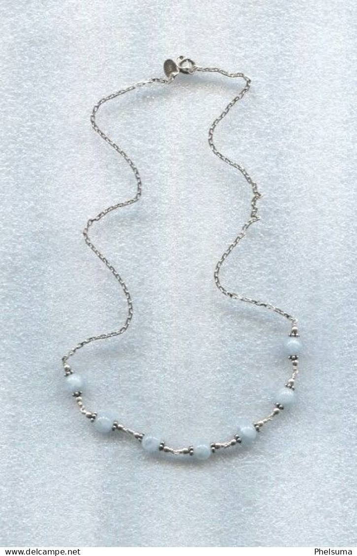 De La REUNION - Délicat Collier 7 Perles Jade Bleu / Argent 925 - Origine Asiatique - Collane/Catenine