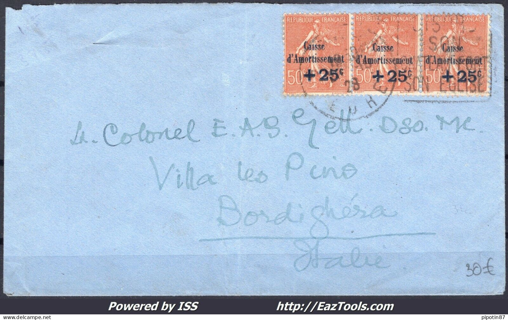 FRANCE BANDE DE 3 N° 250 SUR LETTRE POUR BORDIGHERA ITALIE A VOIR - Cartas & Documentos
