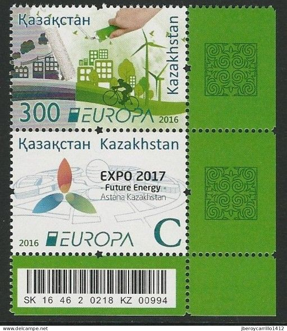 KAZAKHSTAN - EUROPA 2016 -TEMA "ECOLOGIA -EL PENSAMIENTO VERDE -THINK GREEN".- SERIE VERTICAL  CH/CON CODIGO BARRAS - 2016