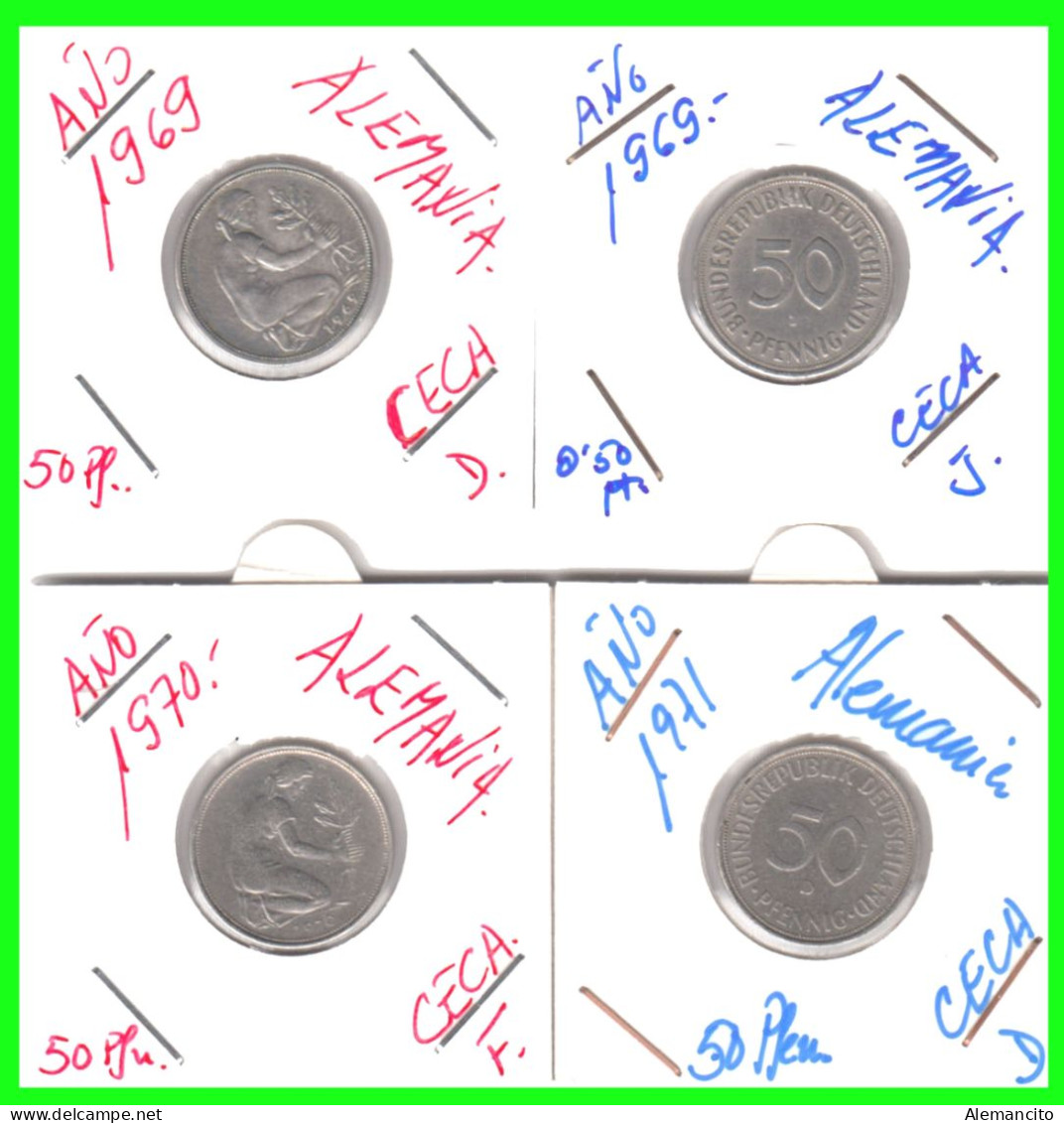 ALEMANIA FEDERAL-DEUTSCHLAND - GERMANY-4 MONEDAS DE LA REPUBLICA FEDERAL DE ALEMIANIA DE 50 Pfn. CECAS - D – F –  J.- - 50 Pfennig