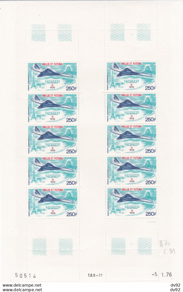FRANCE WALLIS ET FUTUNA FEUILLE N° 71 ** MNH YVERT POSTE AERIENNE CONCORDE PARIS RIO - Unused Stamps