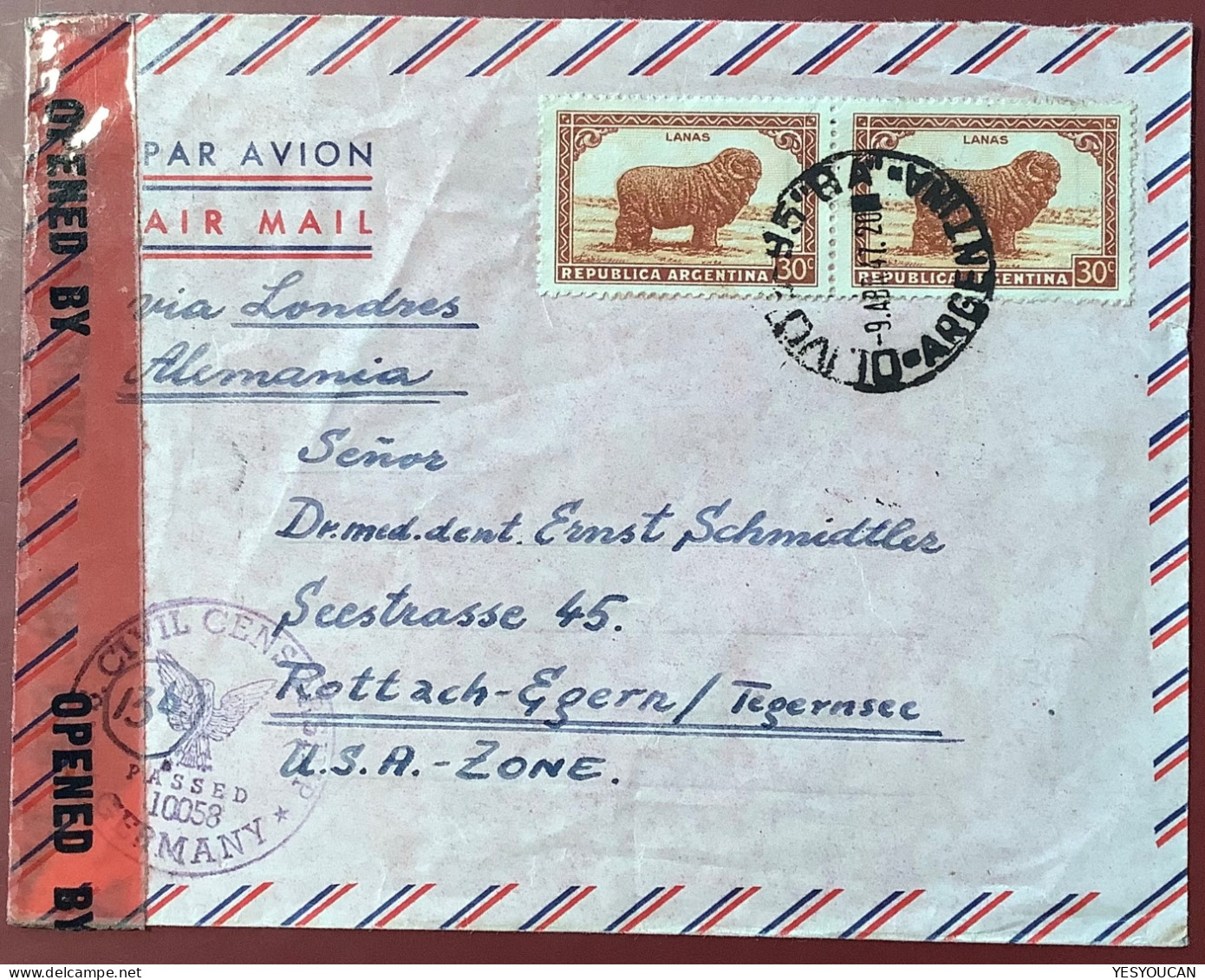 Argentina 1947 “OLIVOS F.C.C.A” Air Mail Censored Cover>Rottach Egern, BRD (Germany Zensur Brief Sheep Mouton Brief - Brieven En Documenten